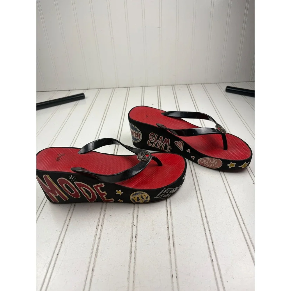Brighton Vintage Y2K Glam Red Platform Wedge Flip Flops Women's Size 8